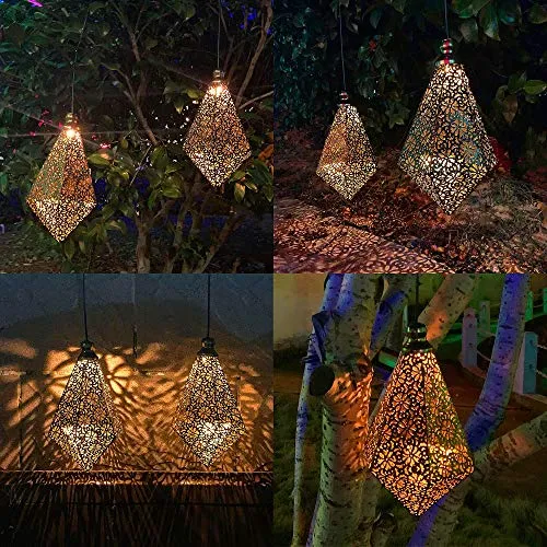 2 Pack Solar Hanging Lights, Solar Powered Retro Lantern with Handle, Warm White LED Christmas Garden Lights, Metal Diamond Shape Lamp Waterproof for Outdoor for Yard Tree Fence Patio