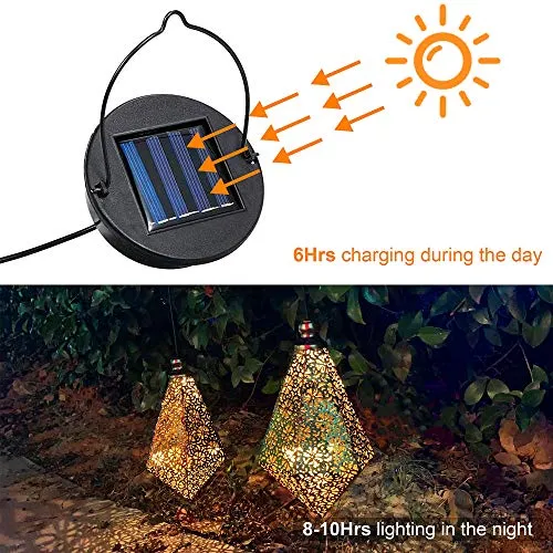 2 Pack Solar Hanging Lights, Solar Powered Retro Lantern with Handle, Warm White LED Christmas Garden Lights, Metal Diamond Shape Lamp Waterproof for Outdoor for Yard Tree Fence Patio