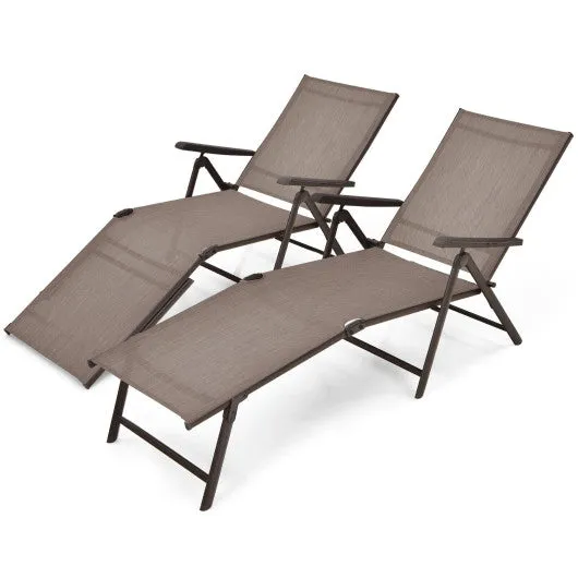 2 Pieces Foldable Chaise Lounge Chair with 2-Position Footrest-Brown