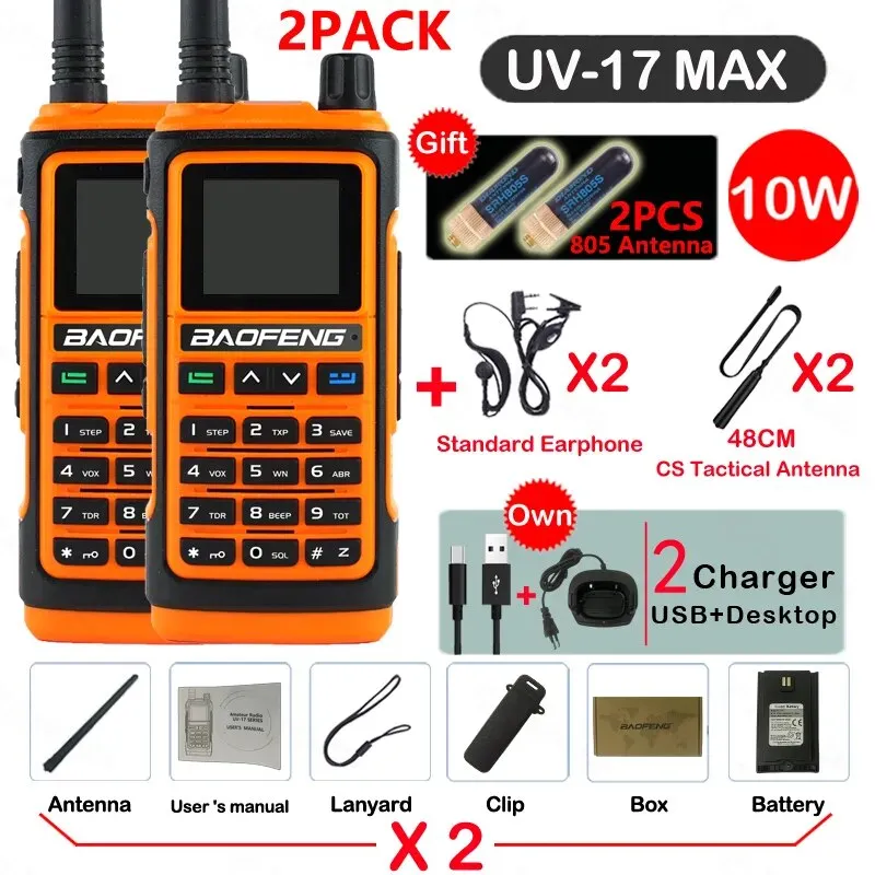 2PACK Baofeng UV-17 MAX 10W Four Bands Freq Copy Walkie Talkie Long Range Portable Ham Radio FM Amateur Professional 2-Way Radio