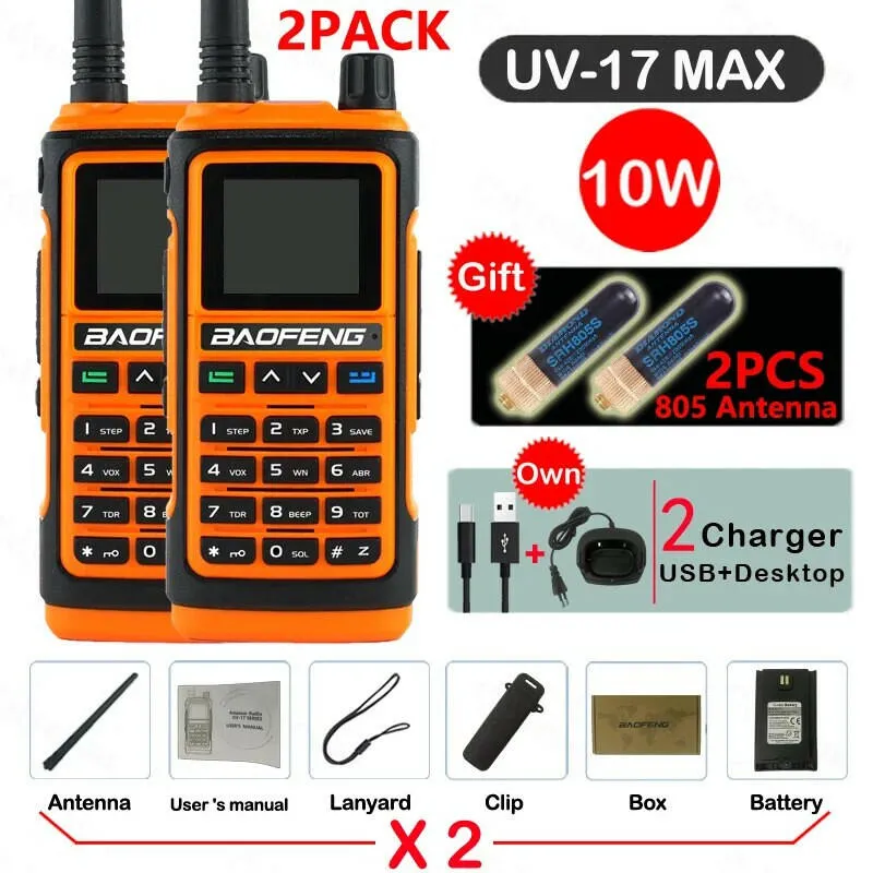 2PACK Baofeng UV-17 MAX 10W Four Bands Freq Copy Walkie Talkie Long Range Portable Ham Radio FM Amateur Professional 2-Way Radio