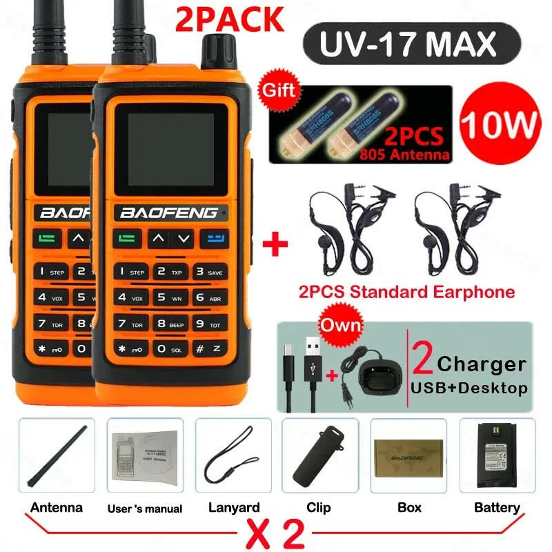 2PACK Baofeng UV-17 MAX 10W Four Bands Freq Copy Walkie Talkie Long Range Portable Ham Radio FM Amateur Professional 2-Way Radio