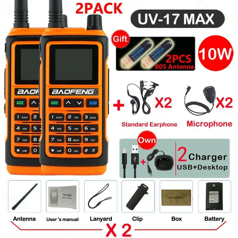 2PACK Baofeng UV-17 MAX 10W Four Bands Freq Copy Walkie Talkie Long Range Portable Ham Radio FM Amateur Professional 2-Way Radio