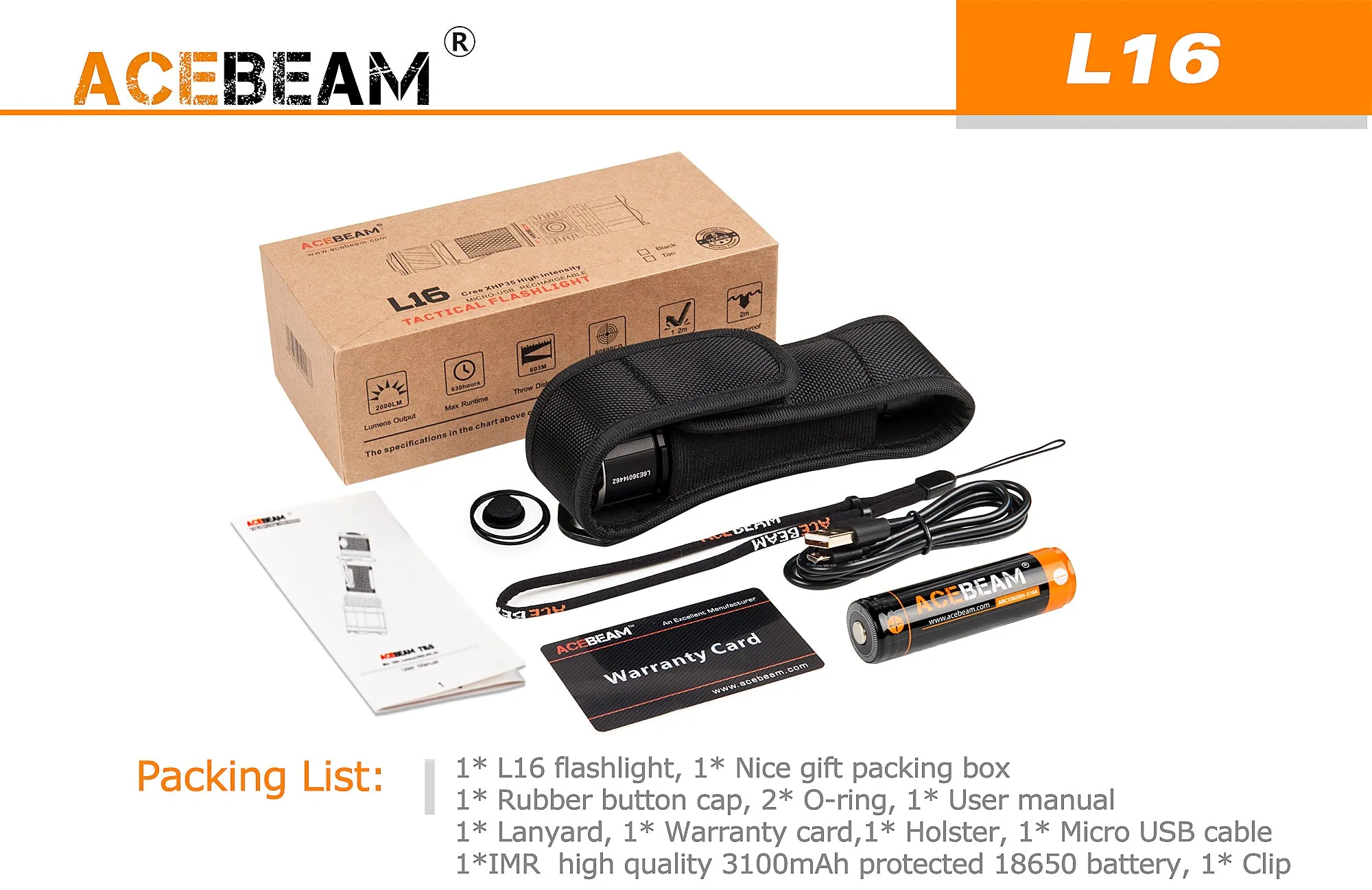 Acebeam L16 - 2000 Lumens LED Flashlight - Rechargeable Handheld