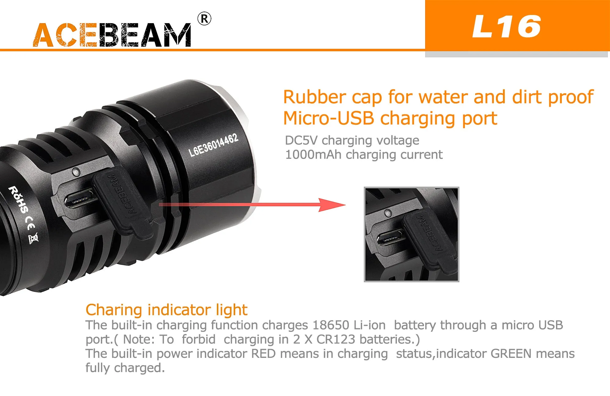 Acebeam L16 - 2000 Lumens LED Flashlight - Rechargeable Handheld