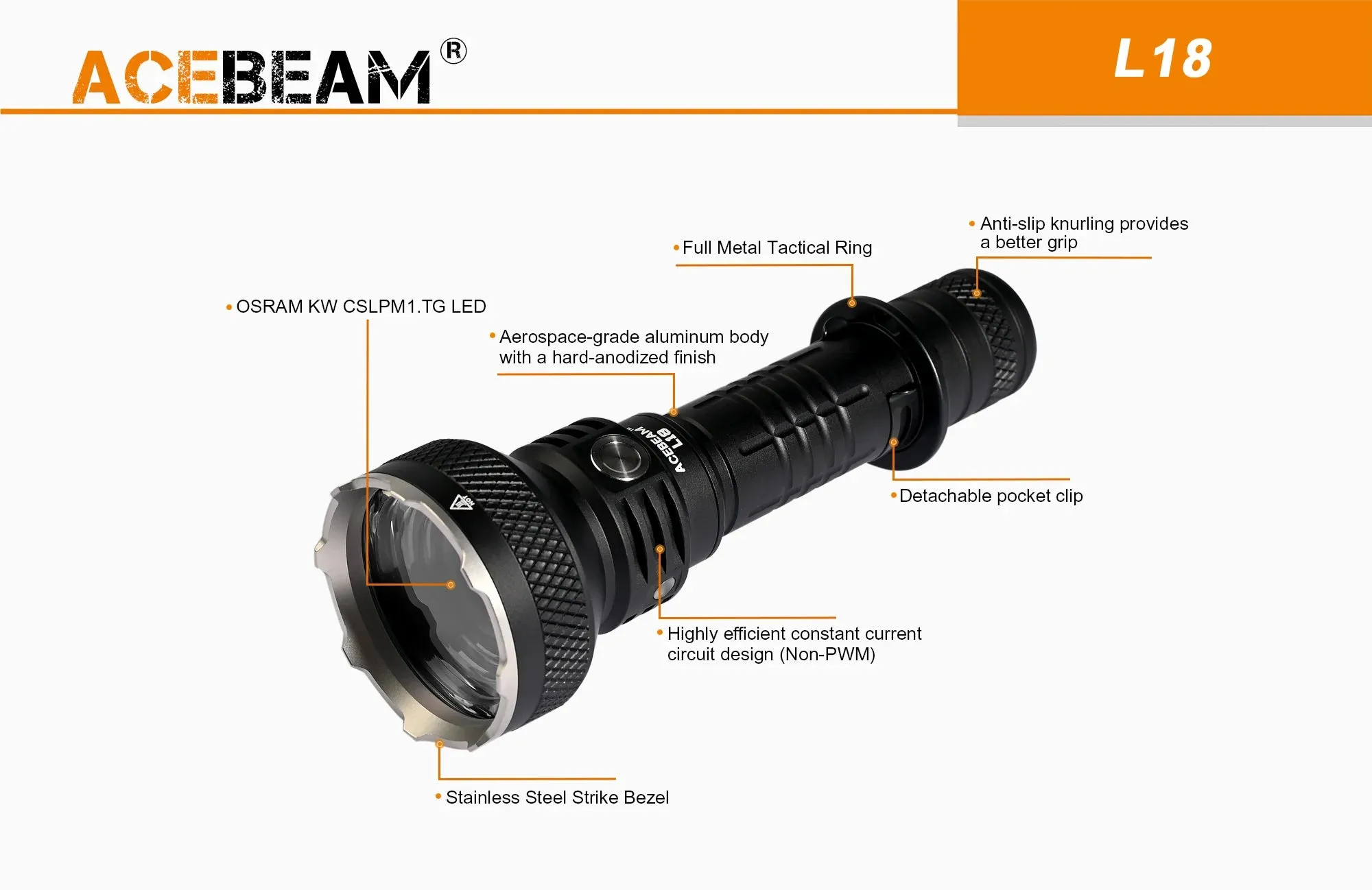 Acebeam L18 1500 Lumens LED Tactical Flashlight with Rechargeable 21700 Battery