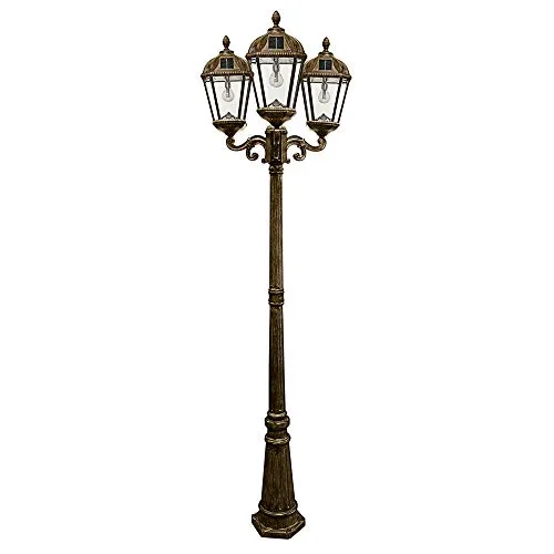 Gama Sonic Royal Bulb Solar Lamp Post Light Kit, 89 inch Tall, Outdoor Triple Head Weathered Bronze Cast Aluminum and Clear Beveled Glass Post Lamp, Light Pole, and Warm White Light 2700K (98B303)