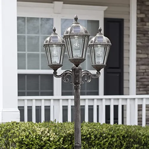 Gama Sonic Royal Bulb Solar Lamp Post Light Kit, 89 inch Tall, Outdoor Triple Head Weathered Bronze Cast Aluminum and Clear Beveled Glass Post Lamp, Light Pole, and Warm White Light 2700K (98B303)