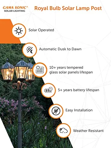 Gama Sonic Royal Bulb Solar Lamp Post Light Kit, 89 inch Tall, Outdoor Triple Head Weathered Bronze Cast Aluminum and Clear Beveled Glass Post Lamp, Light Pole, and Warm White Light 2700K (98B303)