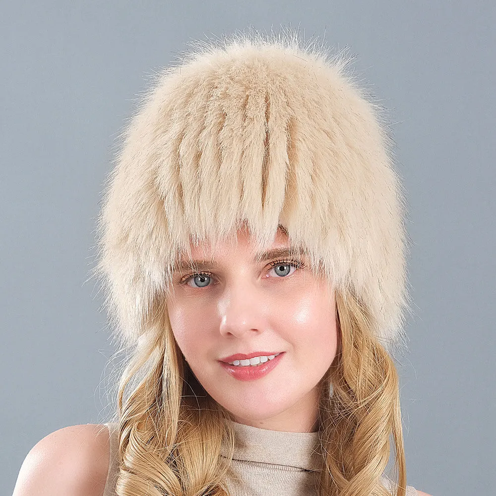 Ladies Winter Faux Fox Fur Straw Hat Wide Stripe Fur Ear Guards Keep Warm