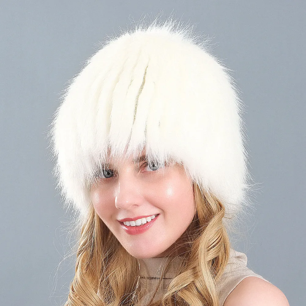 Ladies Winter Faux Fox Fur Straw Hat Wide Stripe Fur Ear Guards Keep Warm