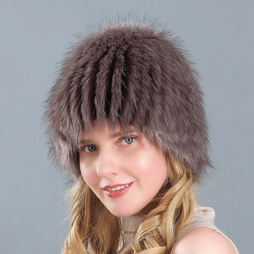 Ladies Winter Faux Fox Fur Straw Hat Wide Stripe Fur Ear Guards Keep Warm