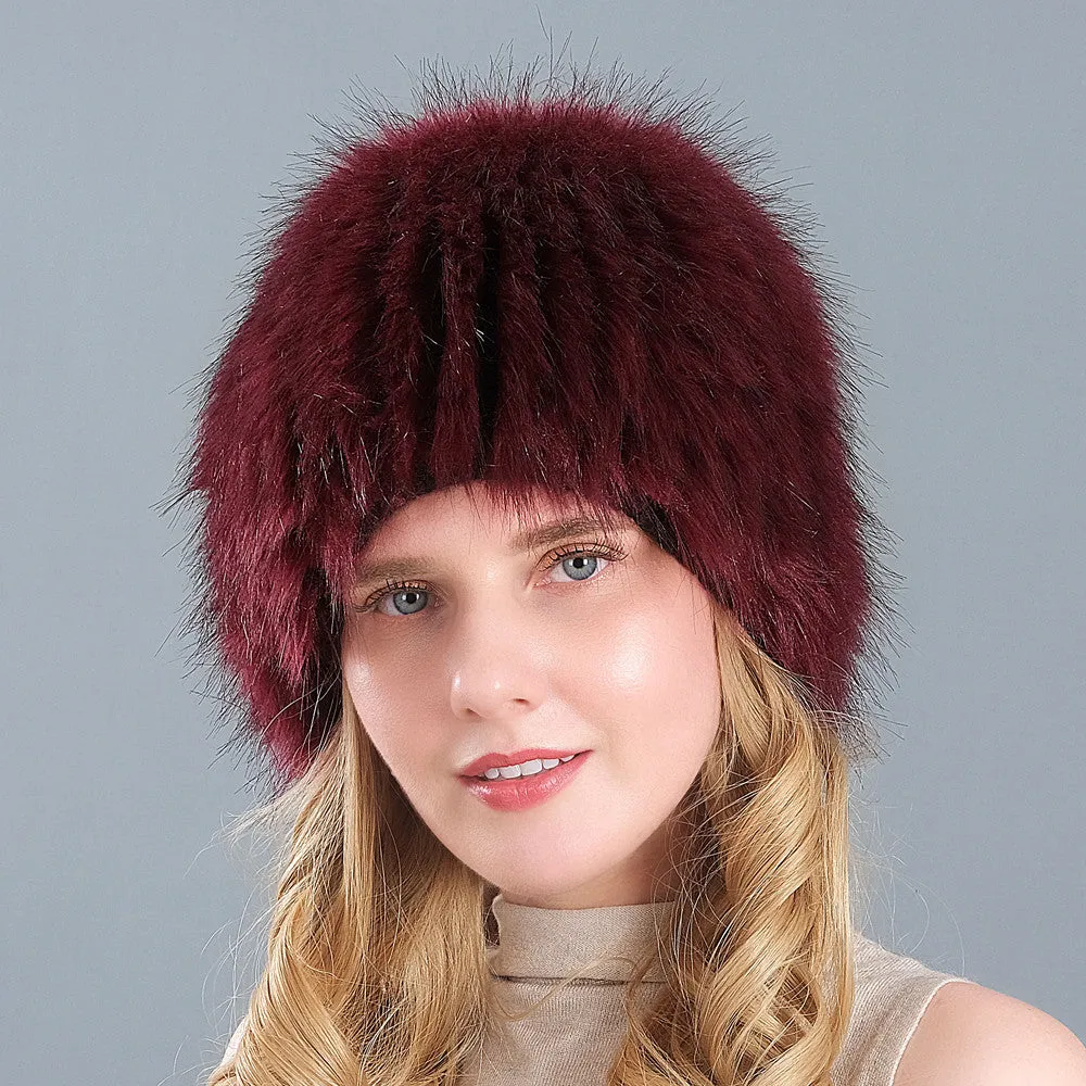 Ladies Winter Faux Fox Fur Straw Hat Wide Stripe Fur Ear Guards Keep Warm