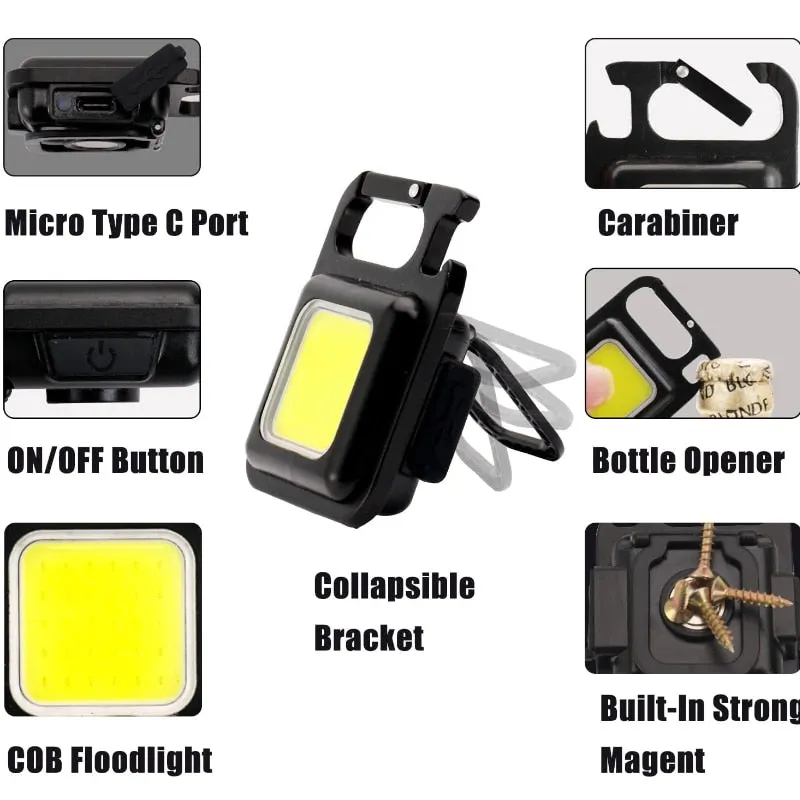 Mini Work Light LED Camping Light 6cm Flashlight Glare COB Keychain Light USB