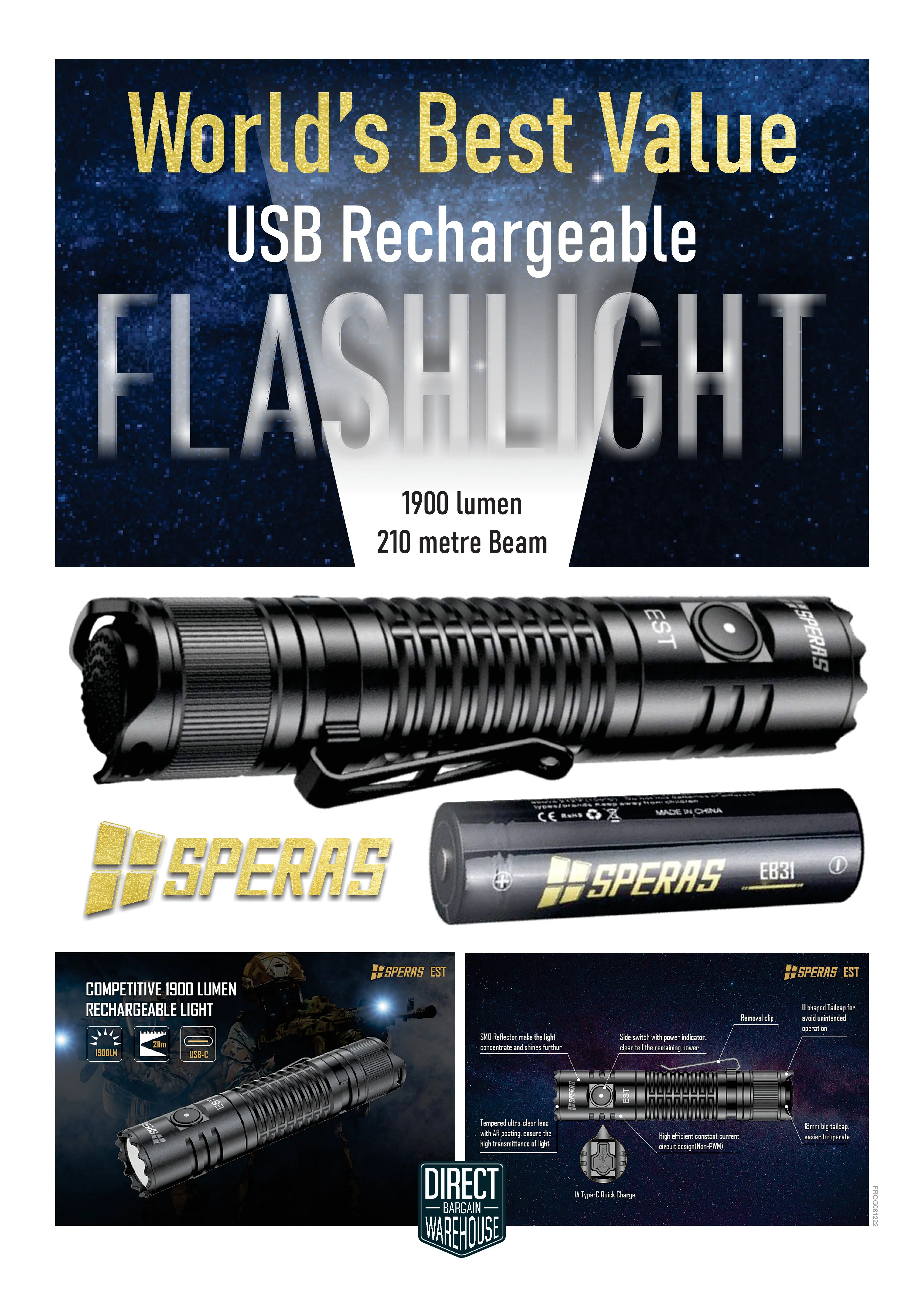 SPERAS High Performance Flashlight 1900 Lumen 210 Metre Distance USB Recharge