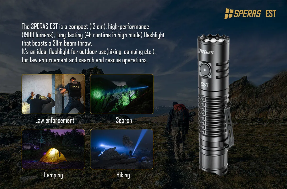 SPERAS High Performance Flashlight 1900 Lumen 210 Metre Distance USB Recharge