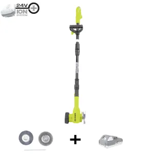 Sun Joe 24V-CTC-LTE 24-Volt* IONMAX Cordless Weed Sweeper | Nylon Brush, Steel Wire Brush, & Adjustable Pole | Sweeper Head W/ Wheel | W/ 2.0-Ah Battery   Charger