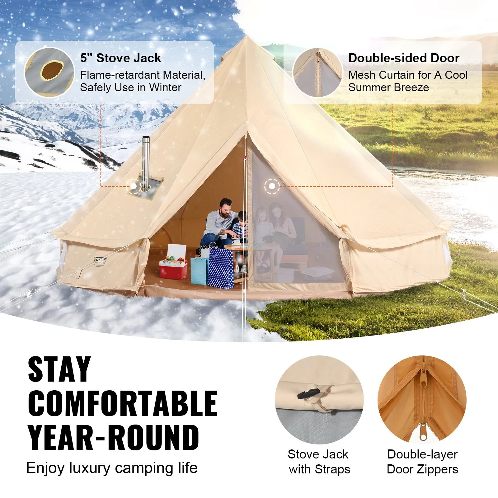 Vevor Bell Tent 16.4' Waterproof Canvas Yurt with Stove Jack and Detachable Side Wall Fits 8-10 People New