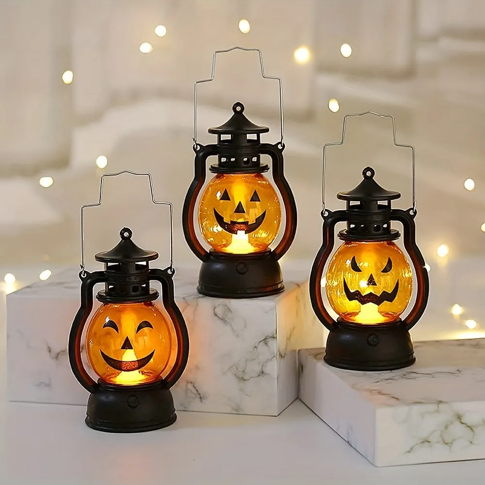 Vintage Halloween Candle Lantern with LED Pumpkin Night Light